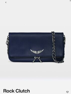 Zadig & Voltaire Navy Leather Rock Clutch with Silver Wing Detail
